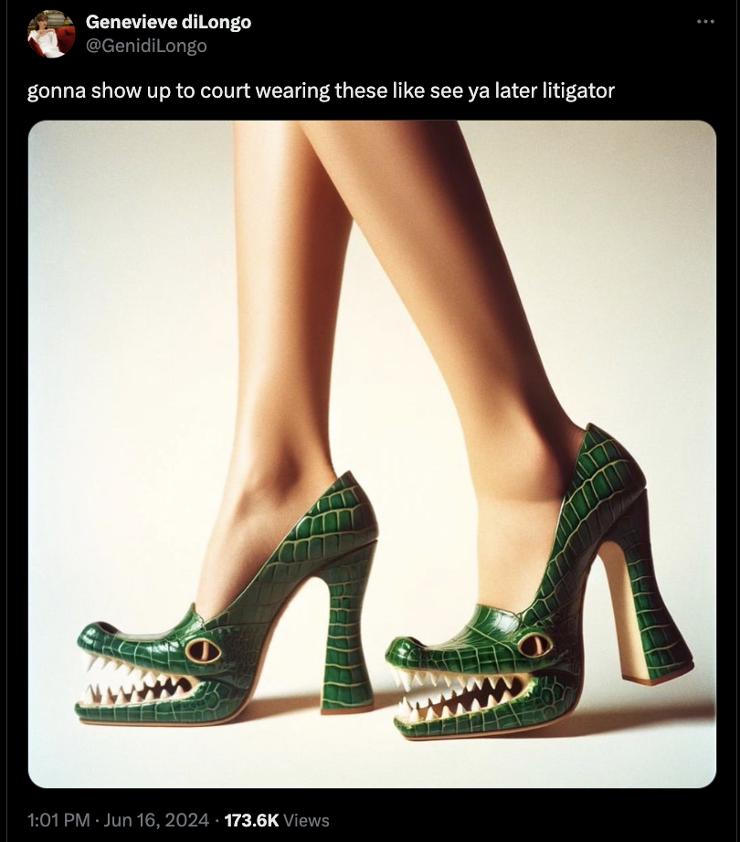 crocodile - Genevieve diLongo gonna show up to court wearing these see ya later litigator Views